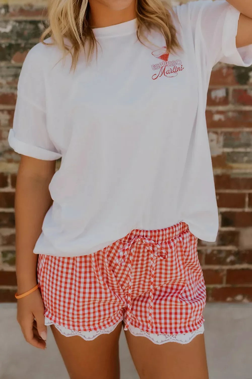 Red Gingham Plaid Drawstring Casual Shorts with Lace Hem