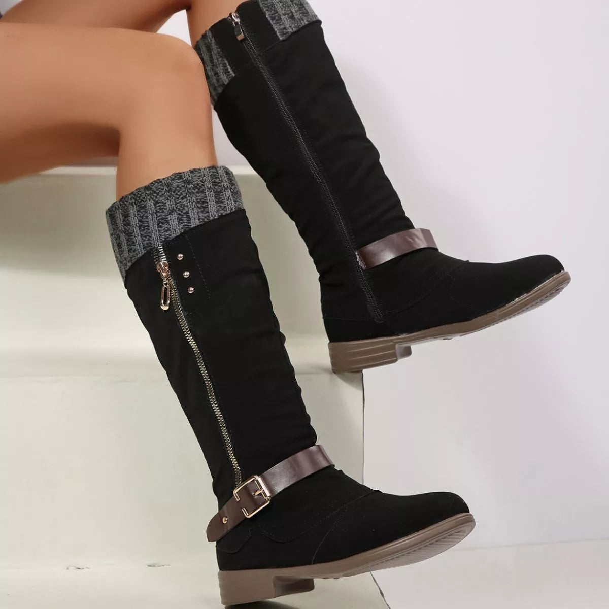 Women Black Suede Mid-Calf Boots with Knit Cuff and Buckle Detail