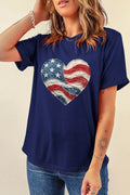 Blue Patriotic Denim Heart Graphic Print Short Sleeve T-Shirt
