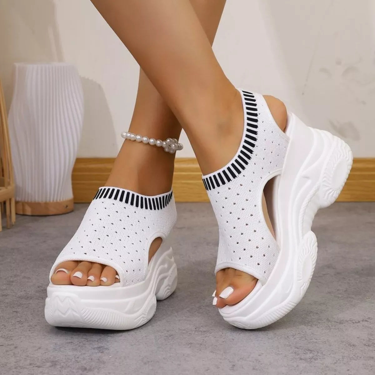 Women's Black Mesh Platform Wedge Sandals Comfortable Casual Mules
