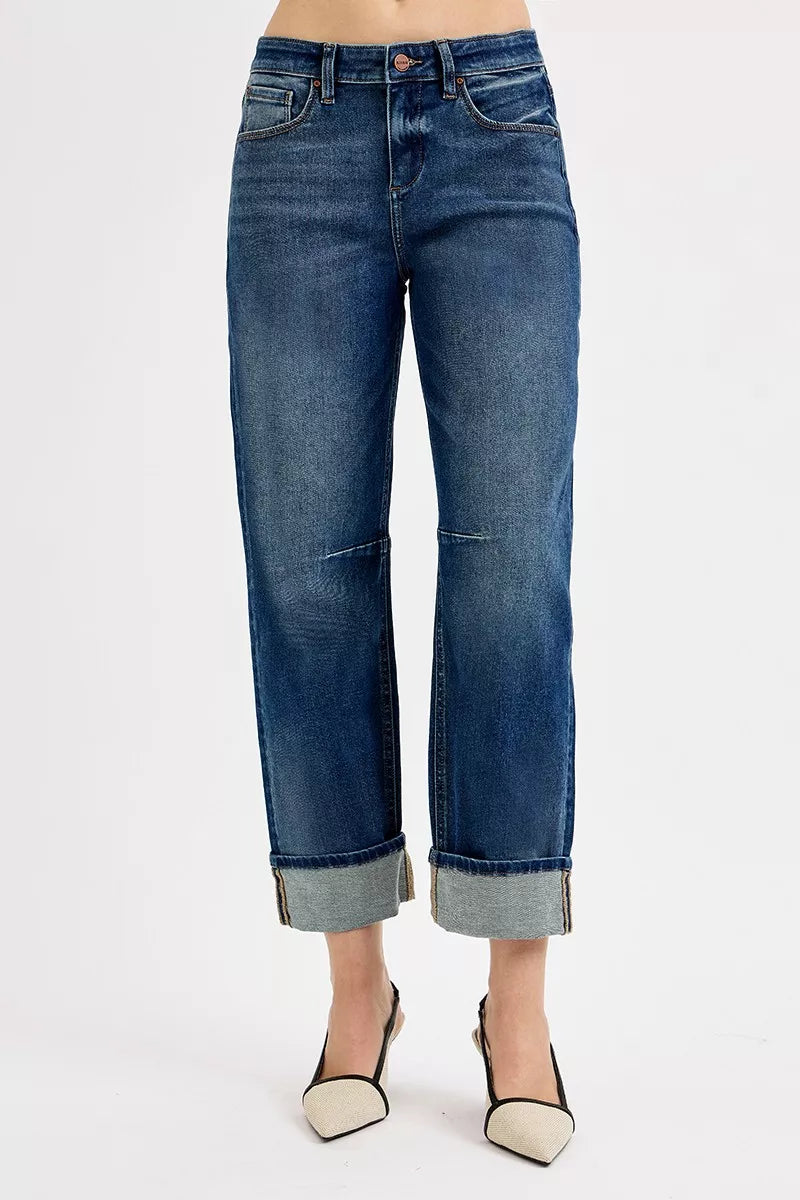 Women's Slouchy Crop Barrel Cuffed Mid-Rise Jeans