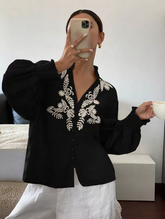 Women's Embroidered White Long Sleeve Notched Collar Blouse