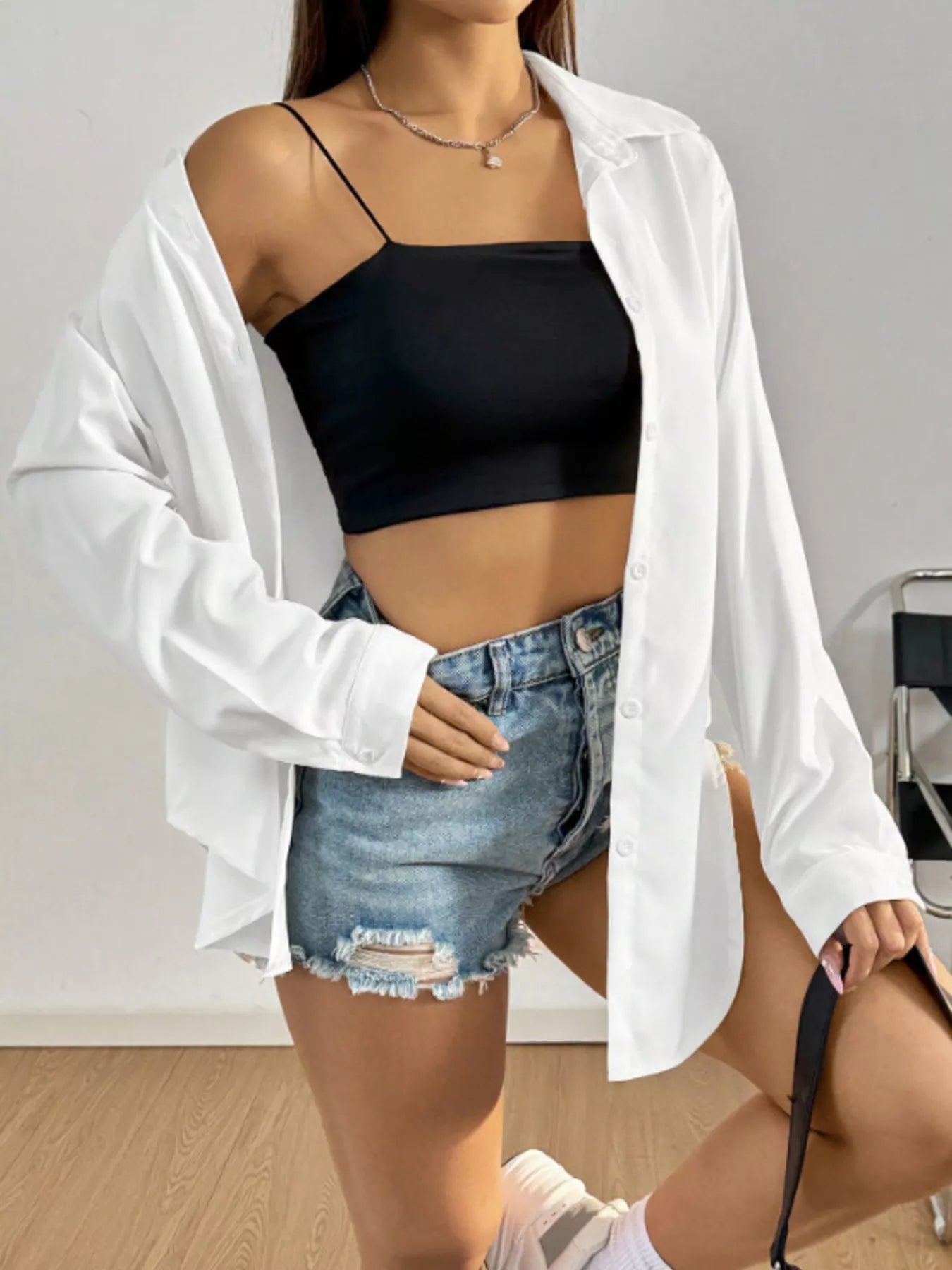 Women's White Long Sleeve Button Up Shirt Casual Oversized Top