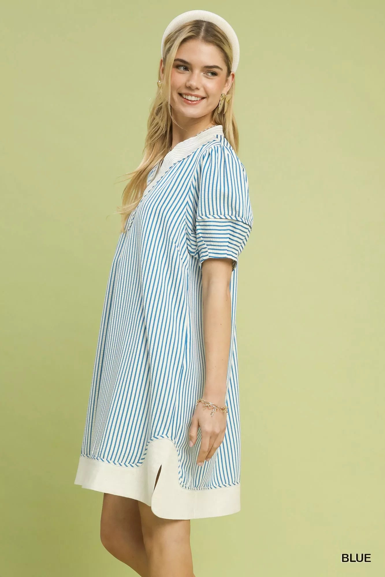 Women's Pinstripe Shift Dress with Contrast Trim