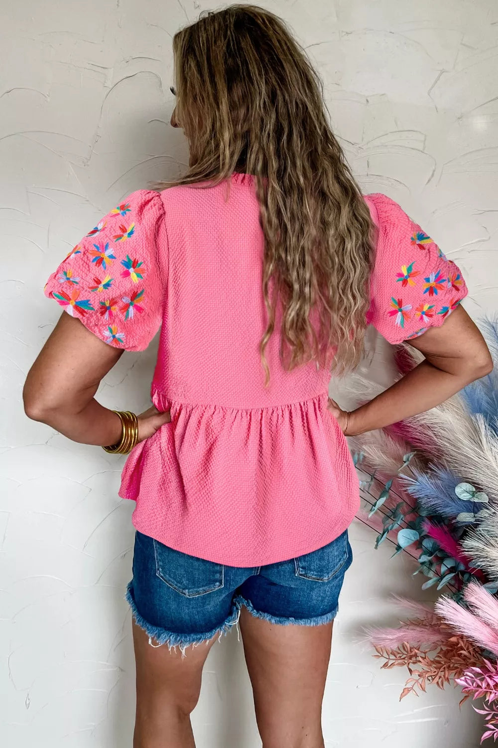 Pink V-Neck Embroidered Puff Sleeve Textured Blouse