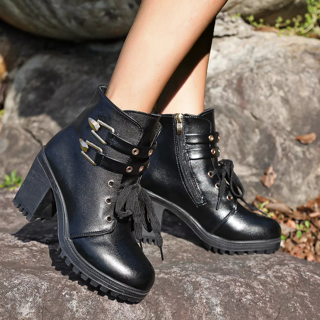 Women's Lace Up Block Heel Boots in Brown Faux Leather