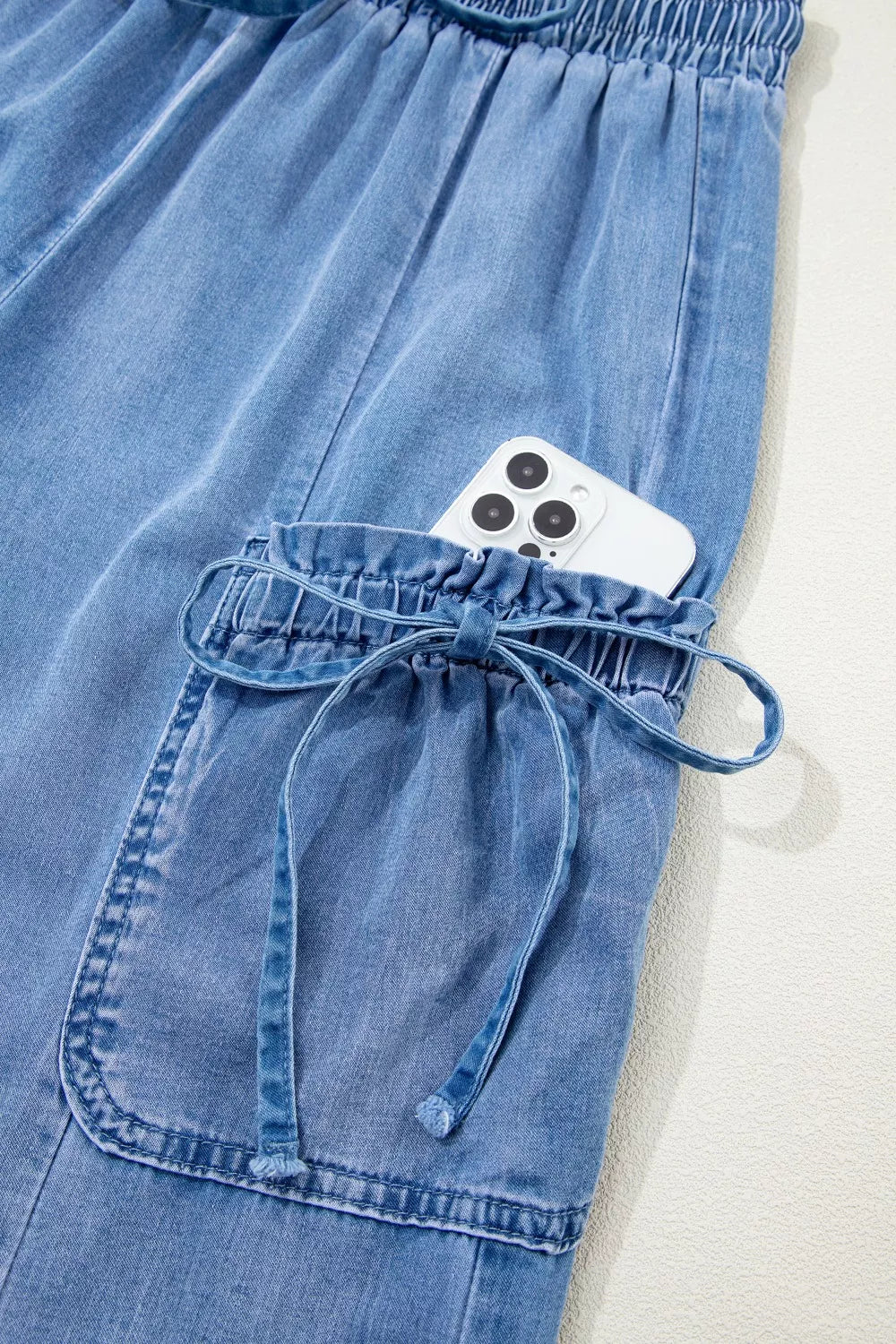 Light Blue Drawstring Elastic Waist Loose Cargo Jeans