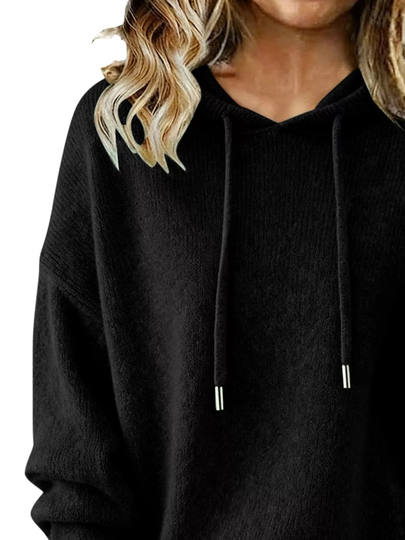 Women Long Sleeve Hooded Knit Sweater Drawstring Pullover