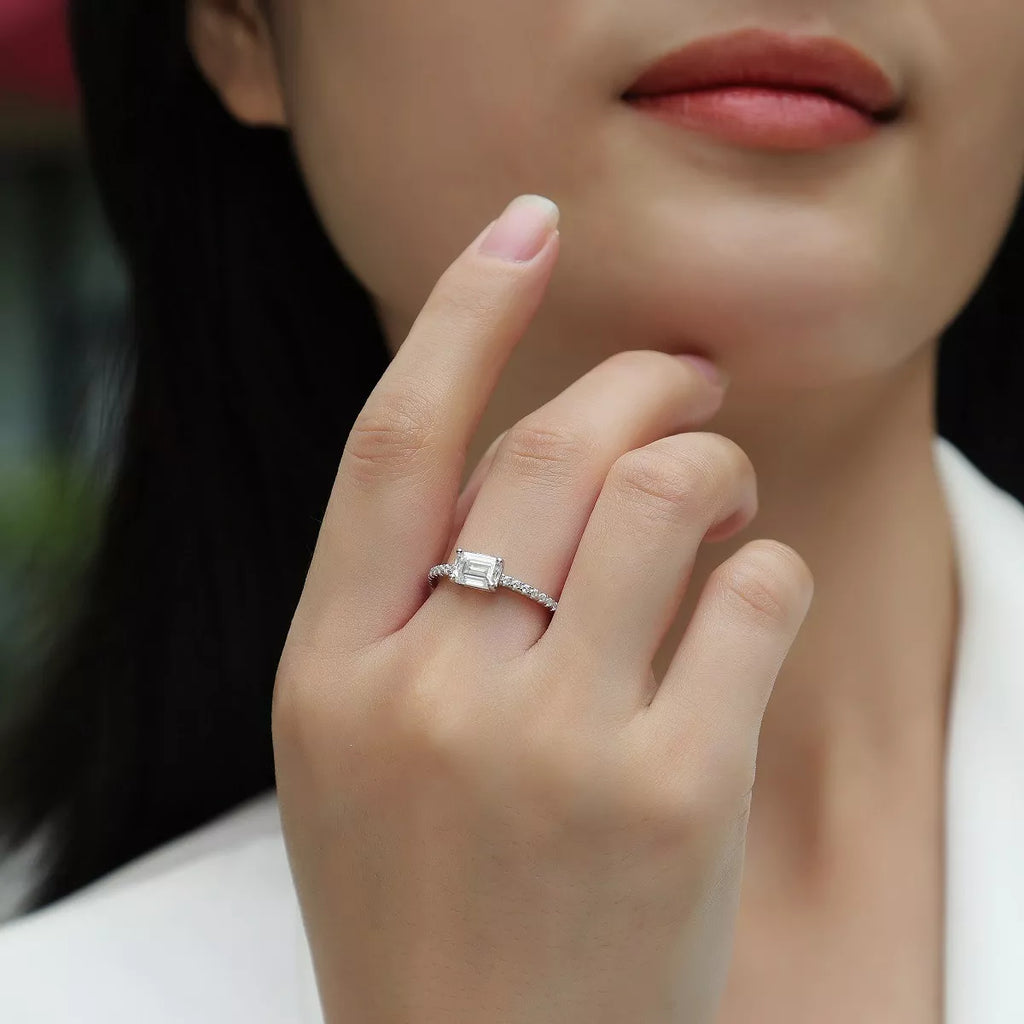 1 Carat Emerald Cut Moissanite Adjustable Sterling Silver Ring