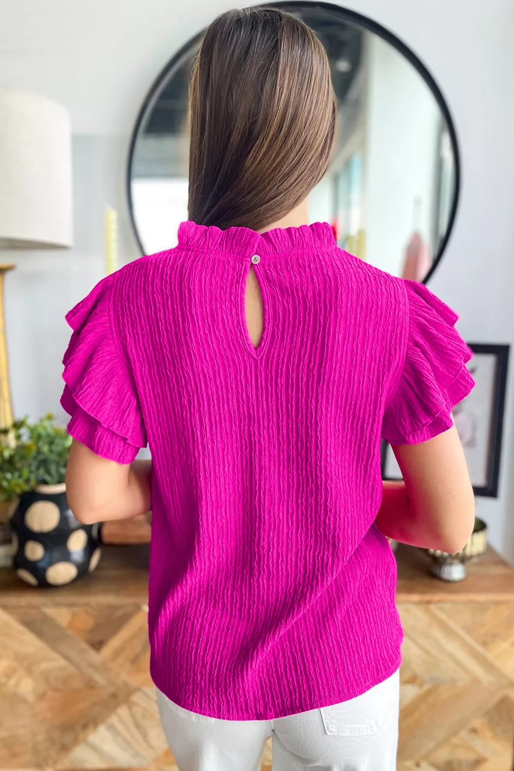 Bright Pink Textured Short Sleeve Blouse with Ruffled Trim