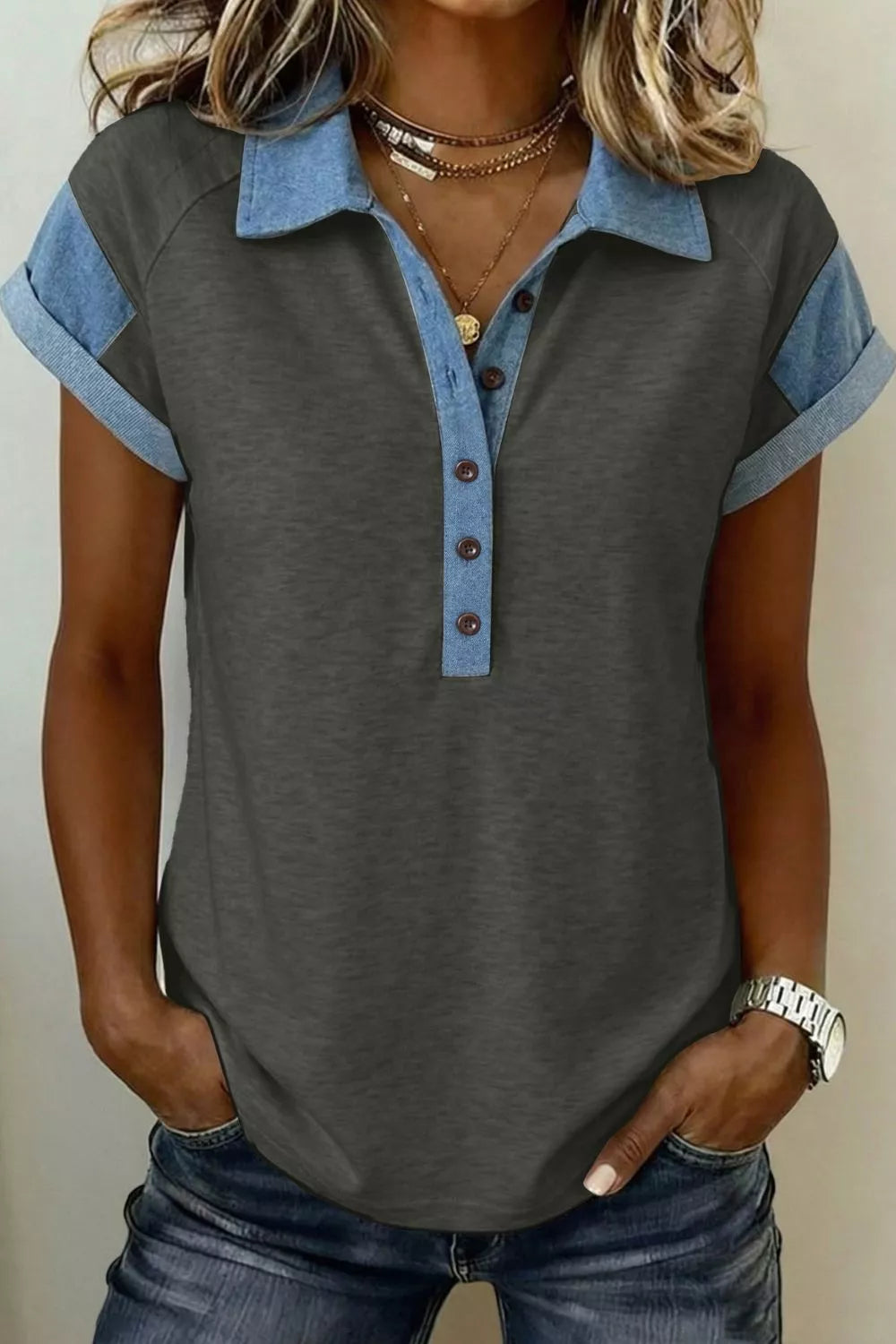 Color Block Polo Neck Casual Tee with Denim Trim Detail