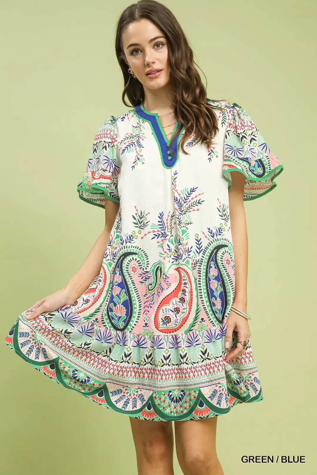 Paisley Flutter Sleeve Mini Dress in Green and Blue
