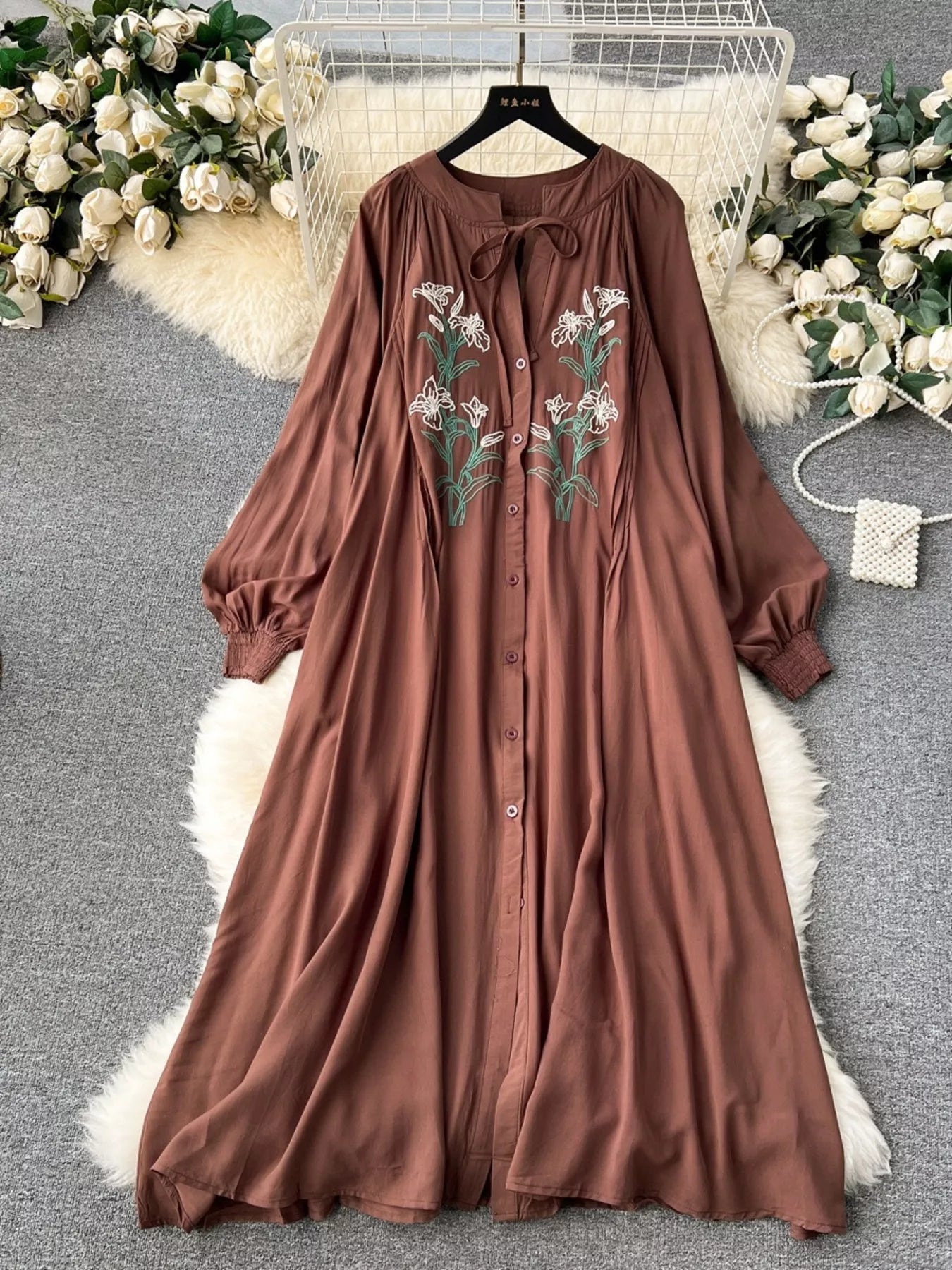 Floral Button Front Long Sleeve Dress