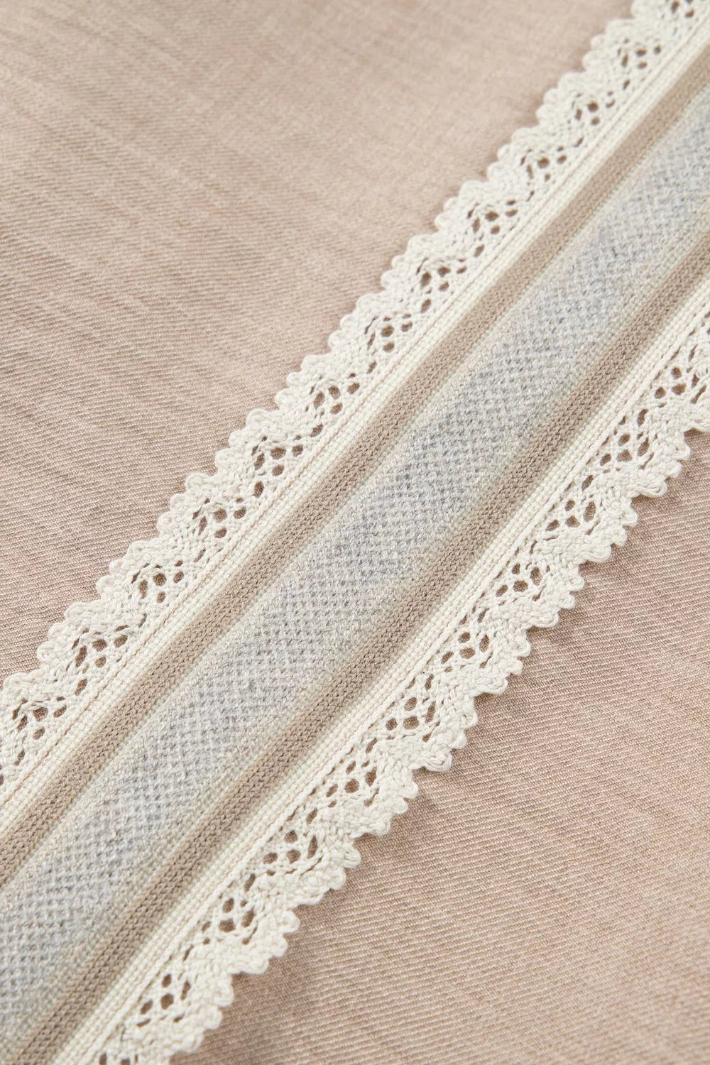 Beige Crochet Lace Trim Blouse with Rolled Short Sleeves