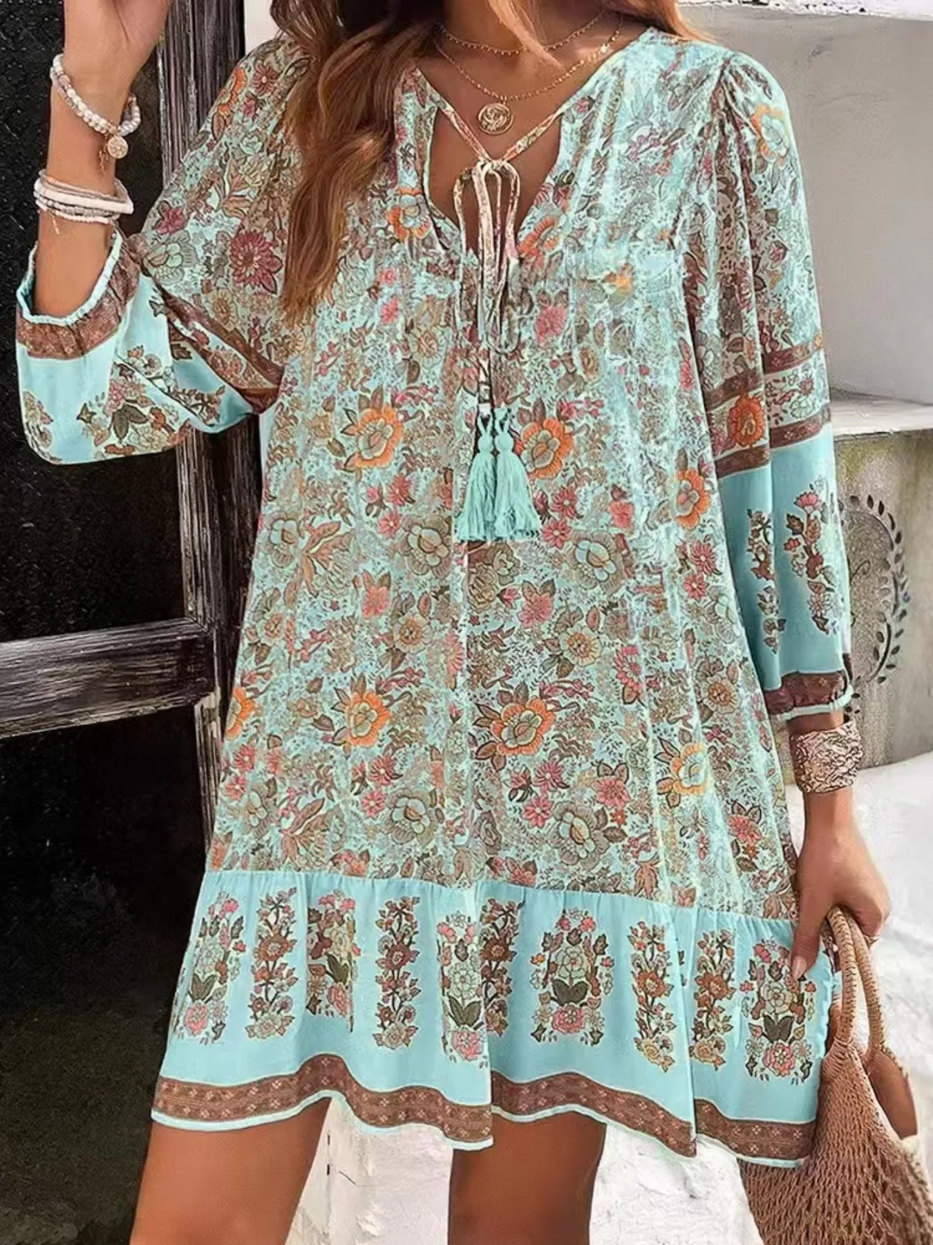 Floral Print Tassel Tie Neck Mini Dress