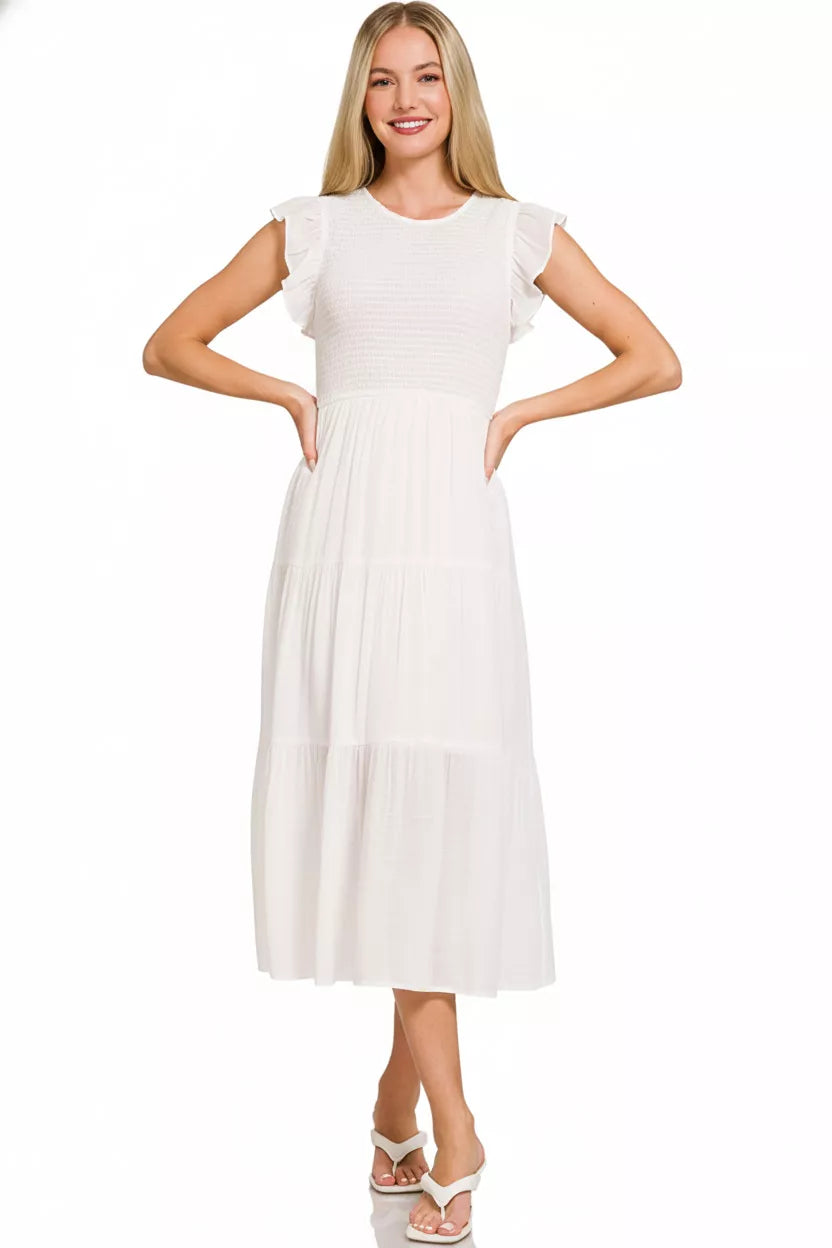 Woven Smocked Ruffle Sleeve Midi Dress in White