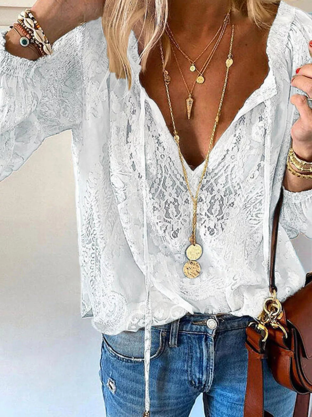 Women's Sheer Lace Tie-Neck Long Sleeve Blouse Casual Top
