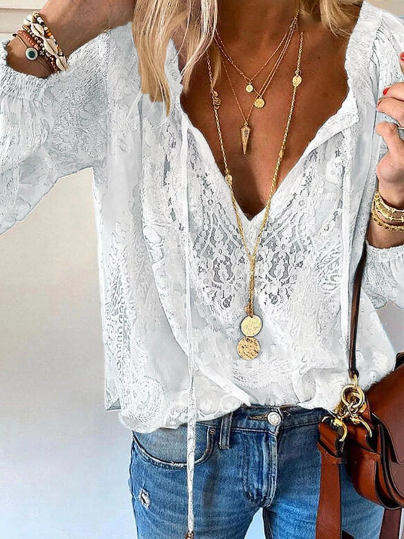Women's Sheer Lace Tie-Neck Long Sleeve Blouse Casual Top