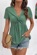 Green Twist Knot V Neck Short Sleeve Blouse