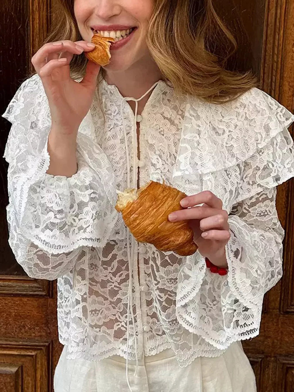 Women's White Ruffled Lace Flounce Sleeve Blouse