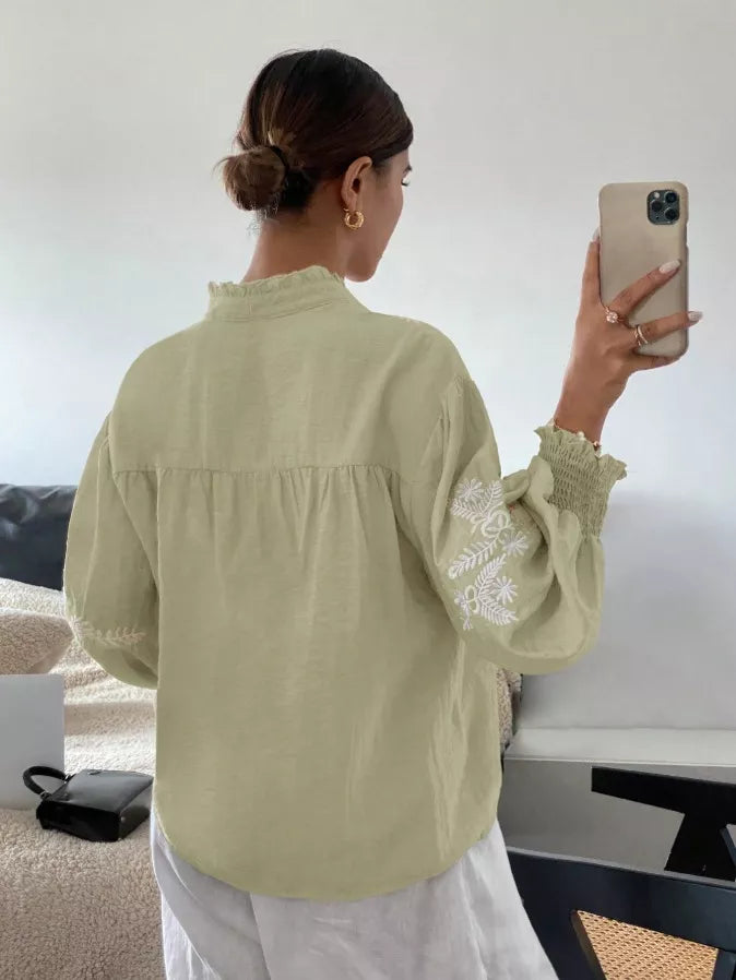 Women's Embroidered White Long Sleeve Notched Collar Blouse