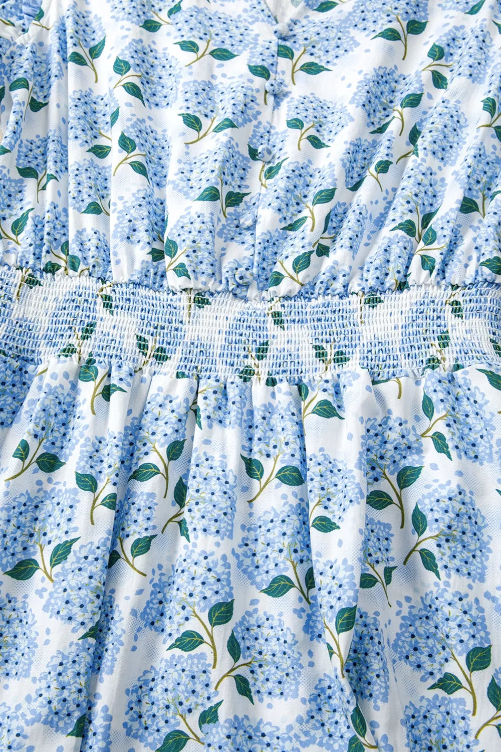 Blue Hydrangea Floral Print Flutter Sleeve Midi Ruffle Dress