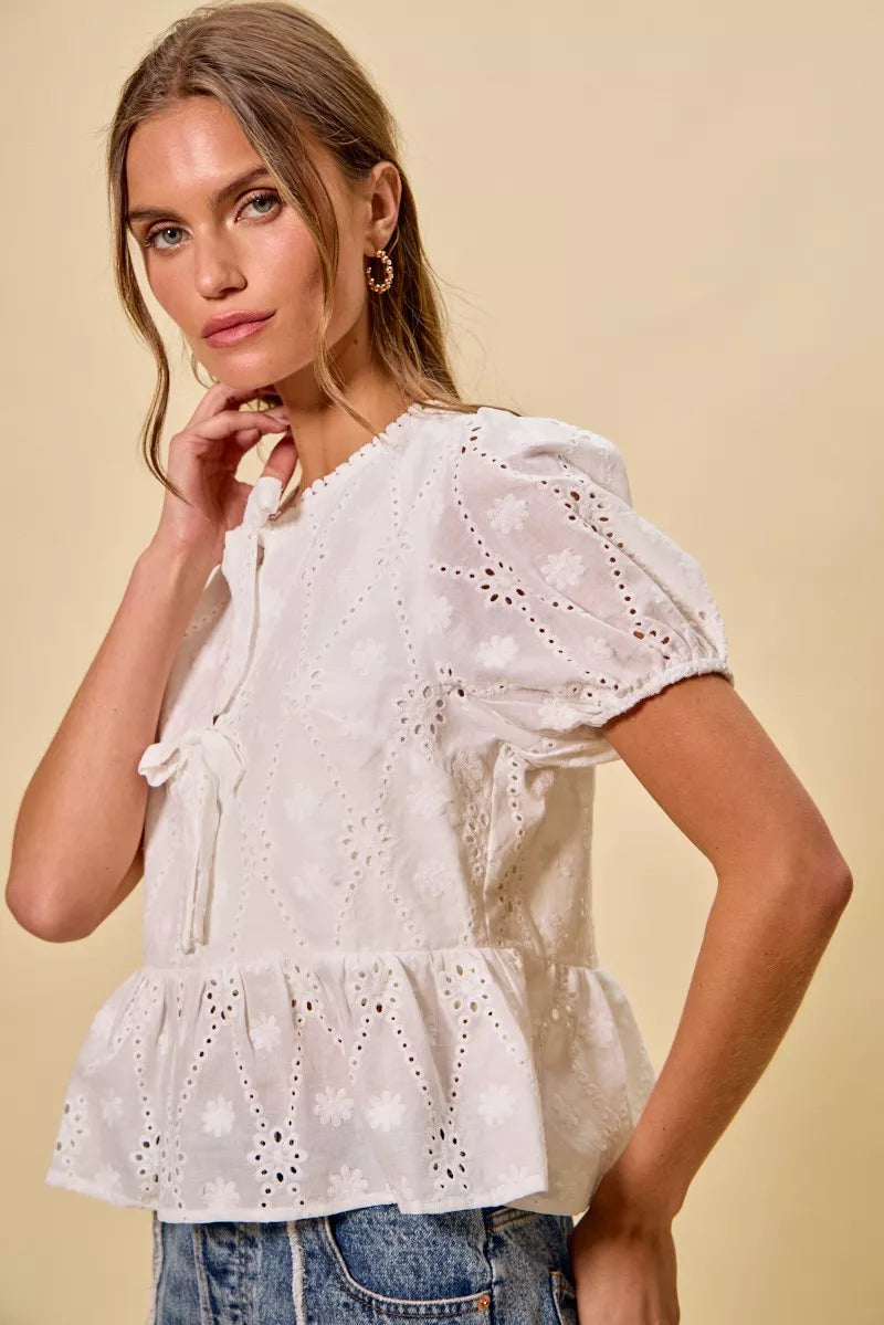 Women's Cotton Eyelet Blouse with Front Tie