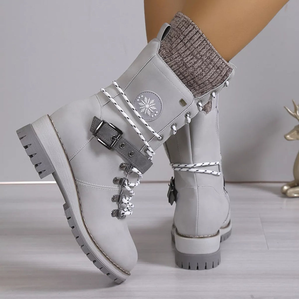 Women's Grey Lace Up Winter Boots with Knit Cuff and Buckle Detail