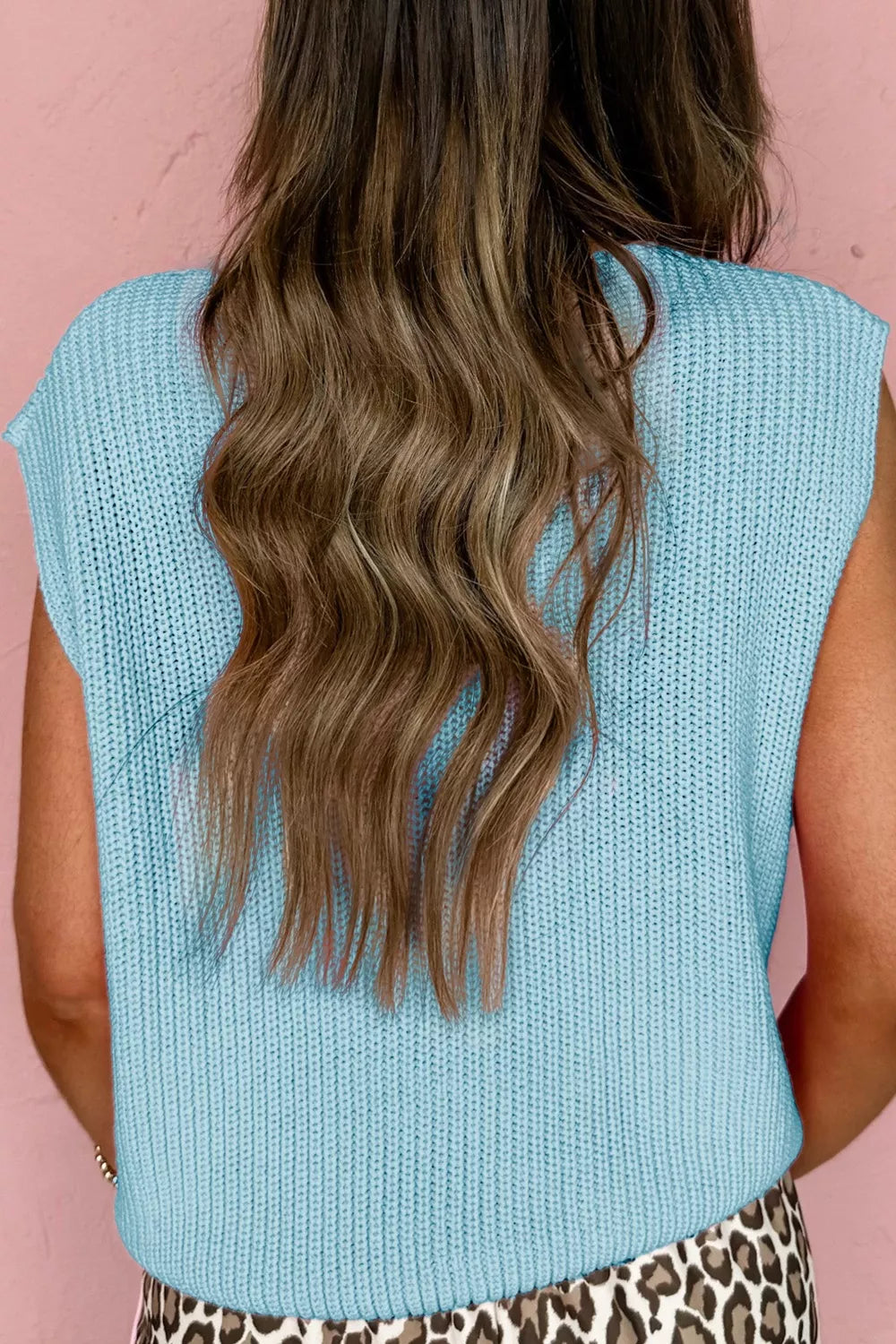 Light Blue Knit V Neck Button Front Sweater Vest with Pockets