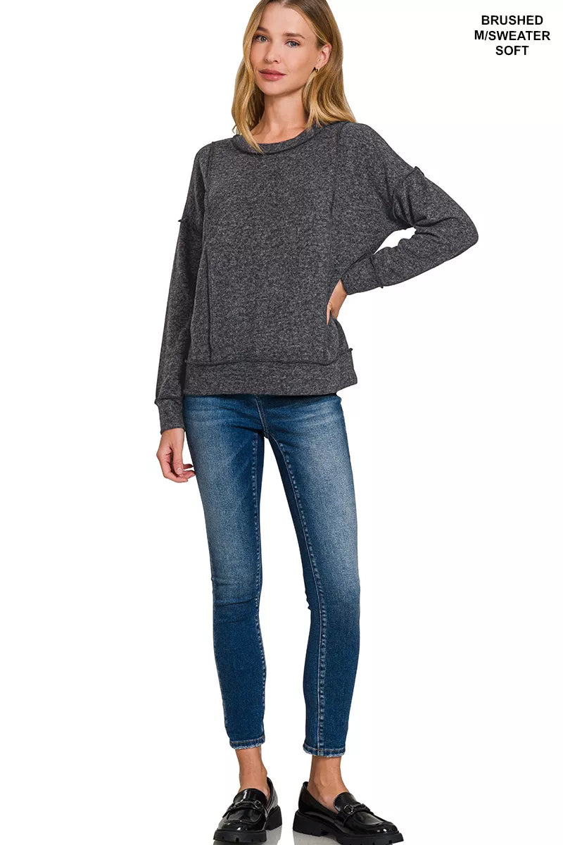 Brushed Hacci Drop Shoulder Long Sleeve Pullover Sweater