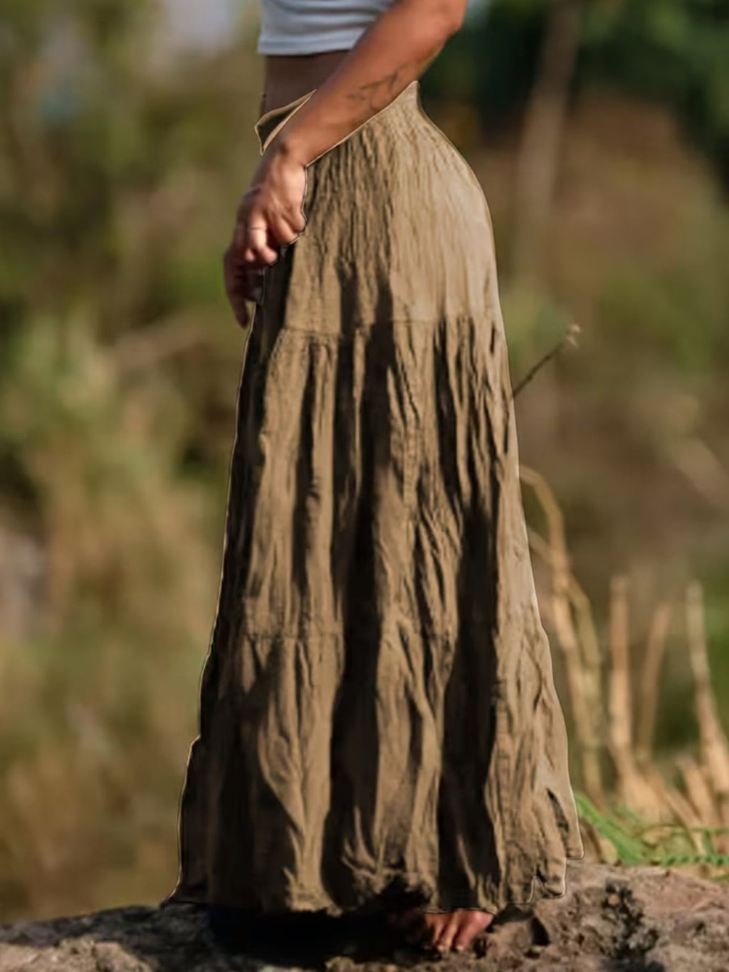 Women Ruched Tiered Maxi Skirt Bohemian Style Flowy Long Skirt