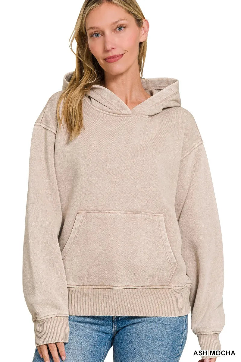 Zenana Acid Wash Fleece Hoodie with Kangaroo Pocket