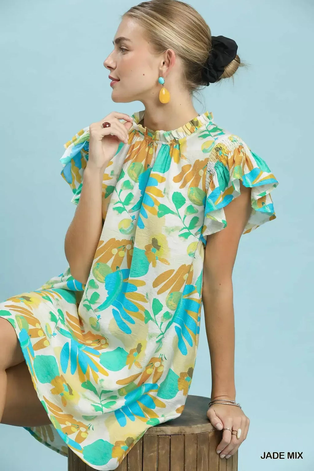 Jade Mix Ruffled Botanical Mini Dress with Flutter Sleeves