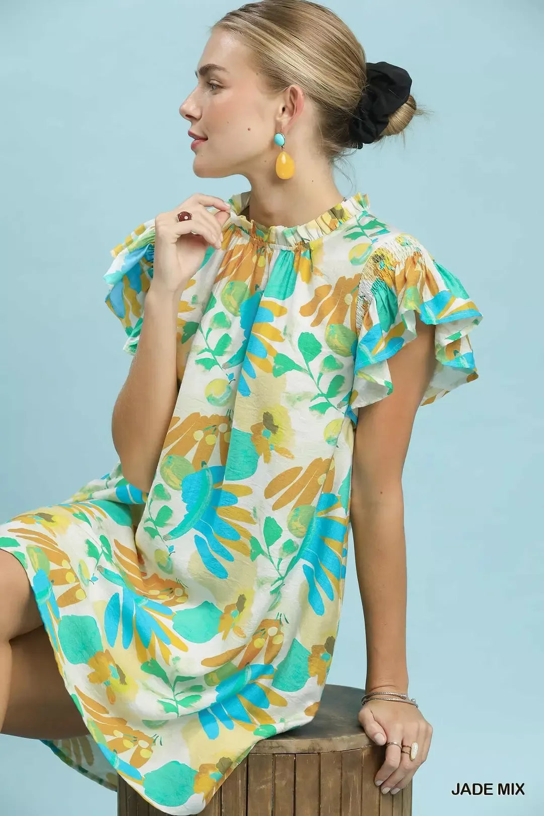 Jade Mix Ruffled Botanical Mini Dress with Flutter Sleeves