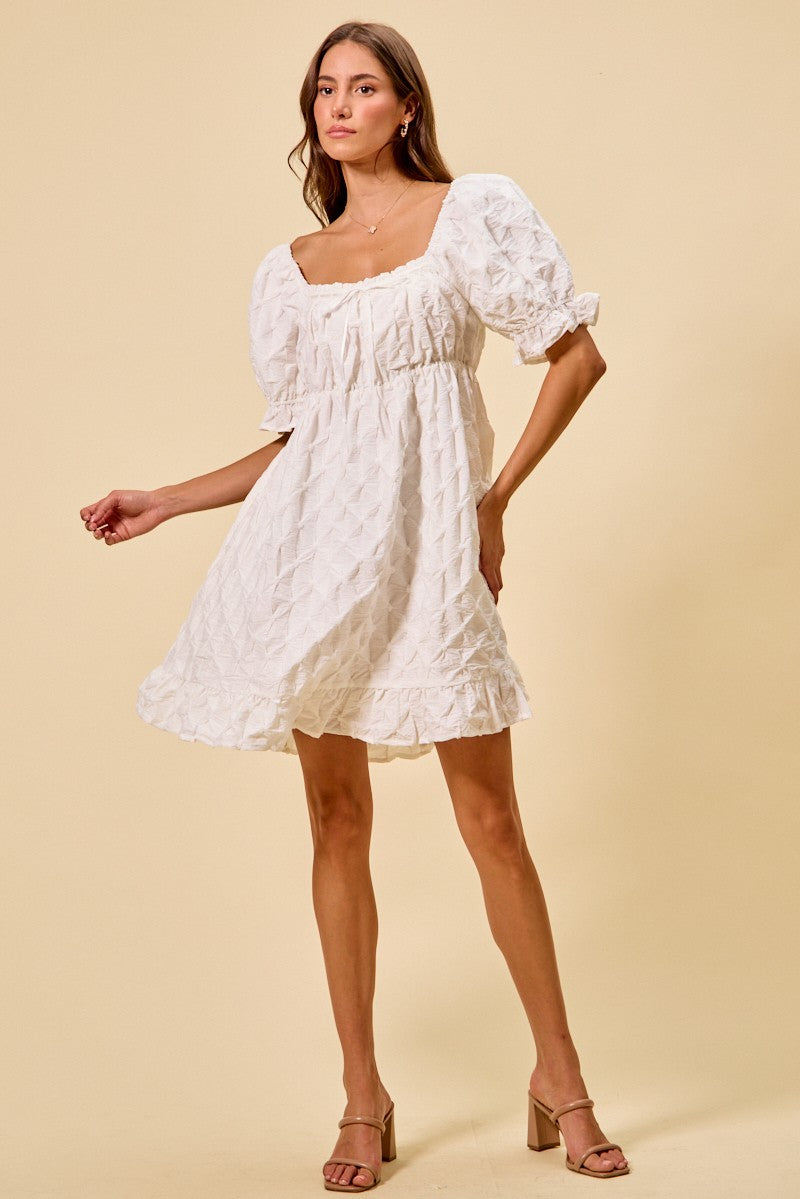 White Ruched Square Neck Mini Dress