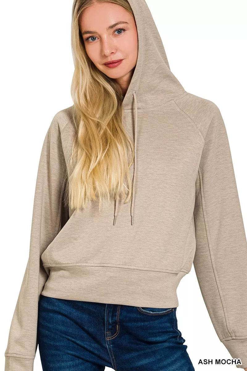 Zenana Drawstring Scuba Hoodie | Cropped Knit in Ash Mocha