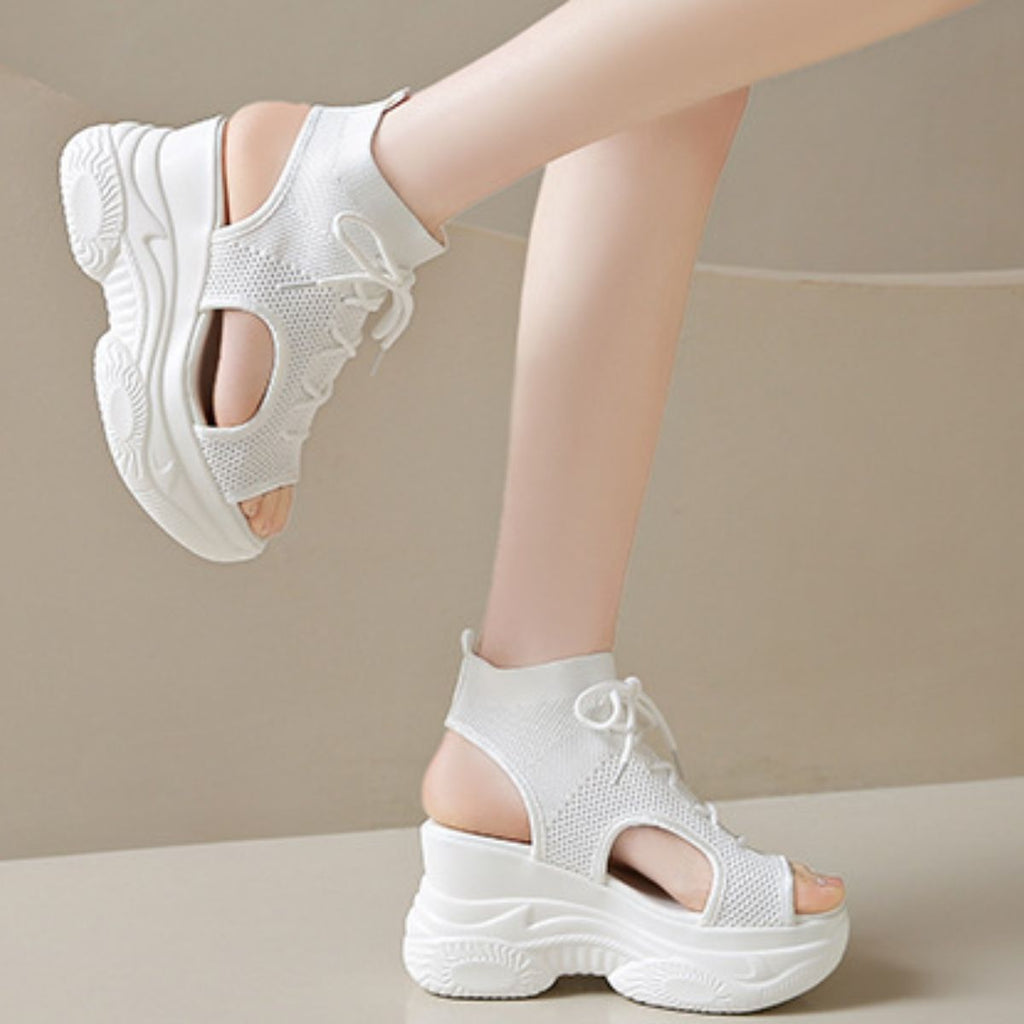 Women's Cutout Mesh Wedge Sandals - White & Black
