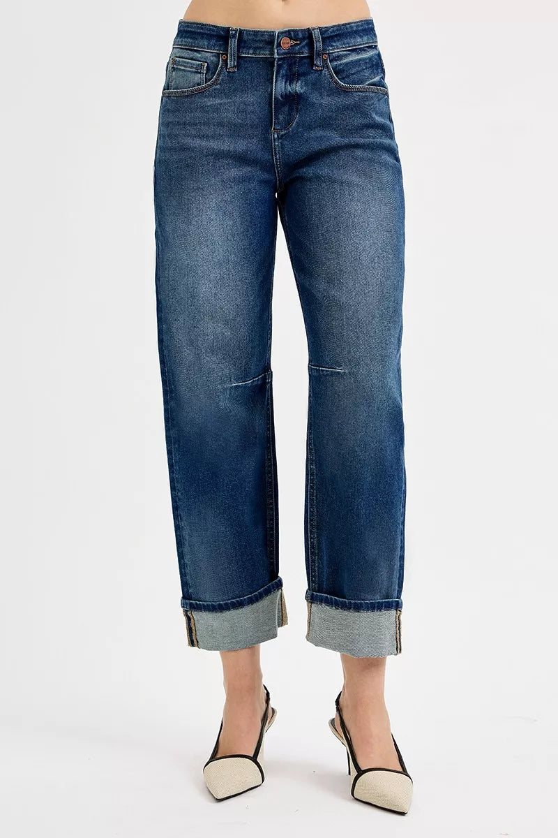 Women's Slouchy Crop Barrel Cuffed Mid-Rise Jeans