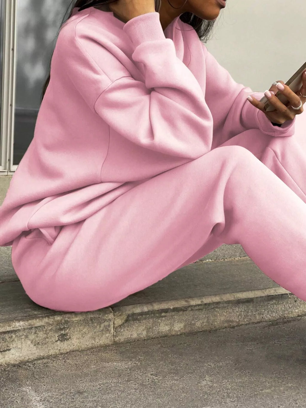Women's Half Zip Sweatshirt & Pants Set - Grey Knit