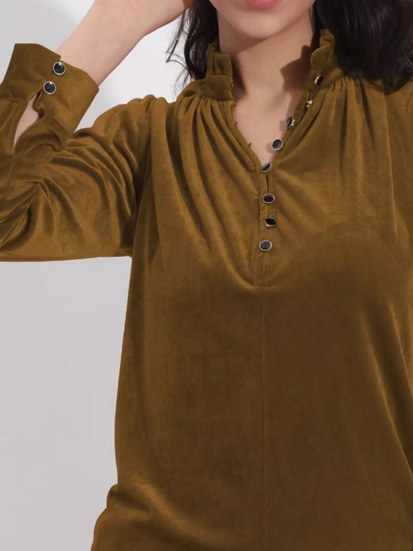Women Red Velvet Long Sleeve Blouse with Ruffle Neckline