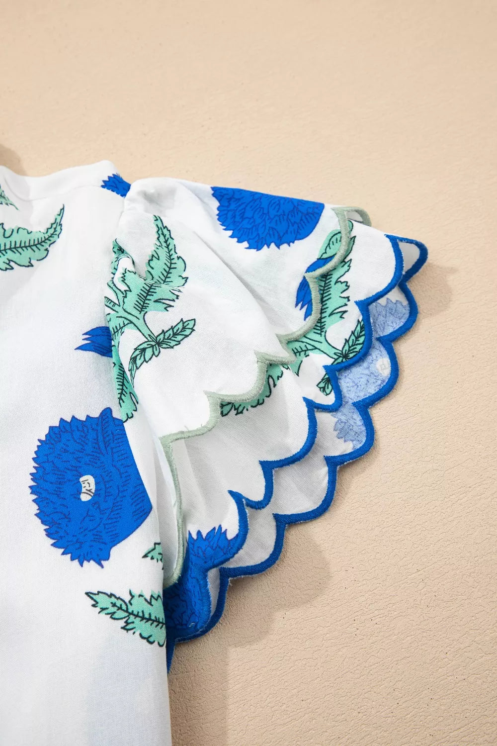 Floral Scallop Trim V Neck Blouse White Pink Green