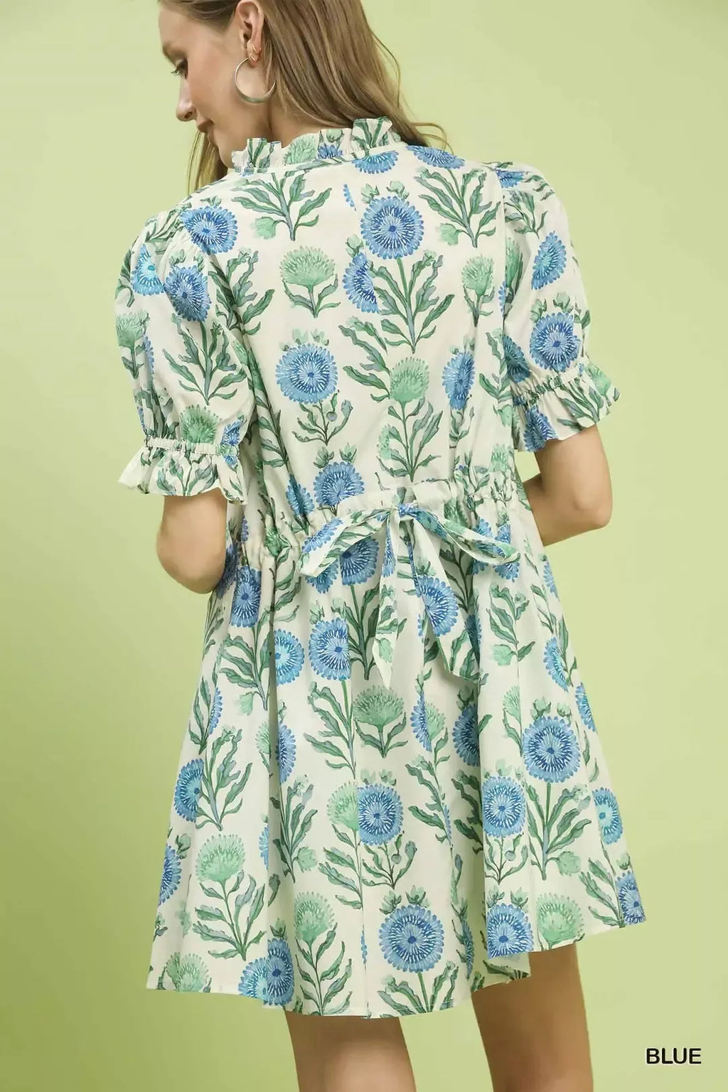 Blue Floral Puff Sleeve Babydoll Mini Dress with Side Pockets