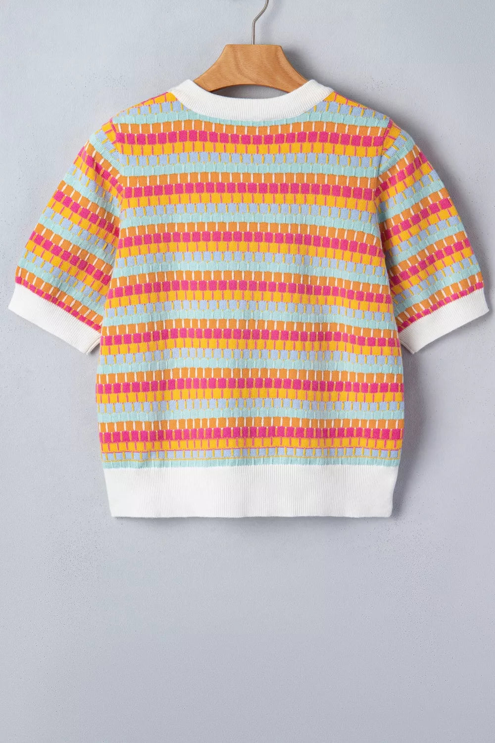 Abstract Striped Knit Short Sleeve Sweater in Multi-Color