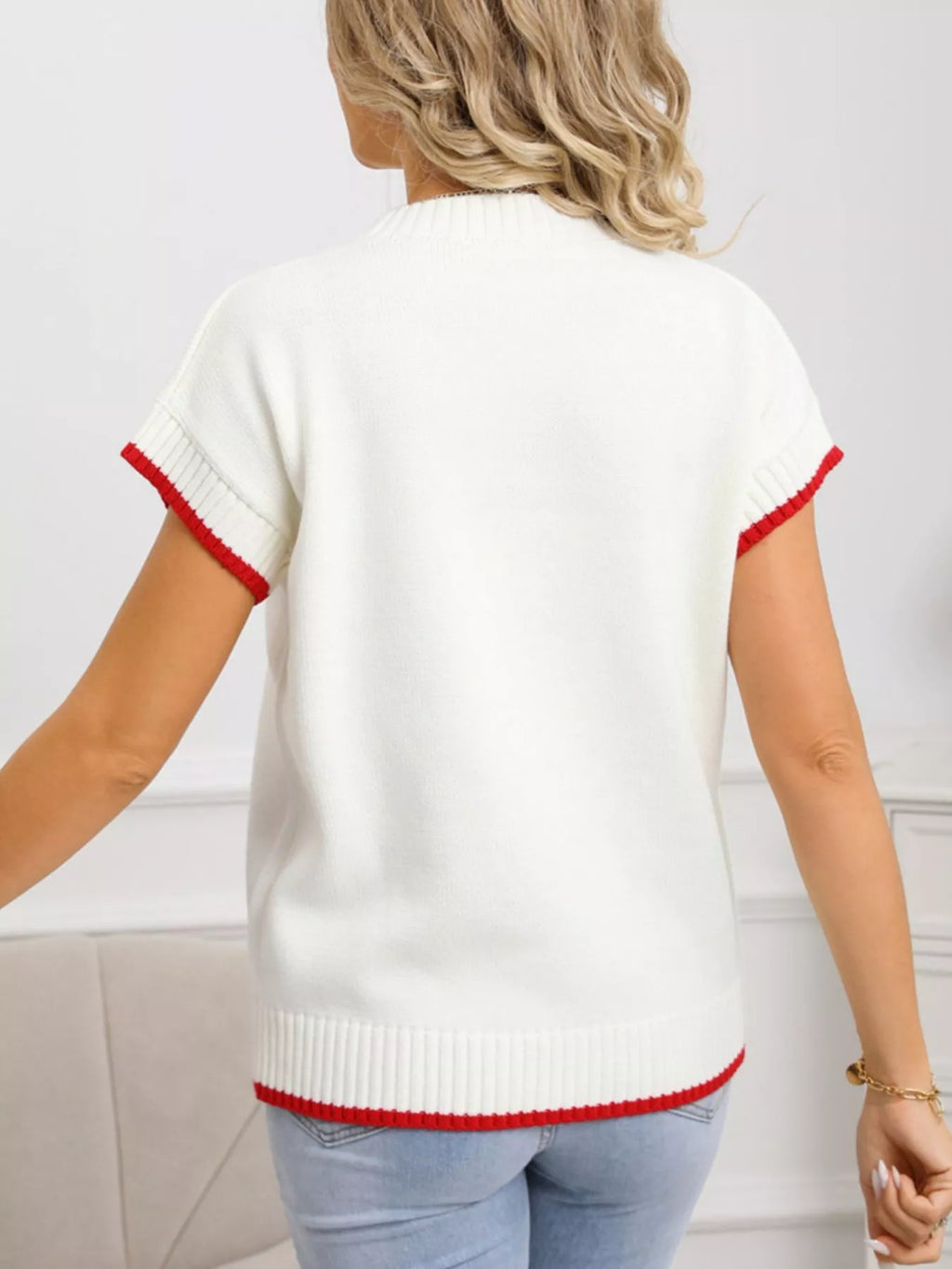 White Short Sleeve Knit Sweater with Red Heart Graphic