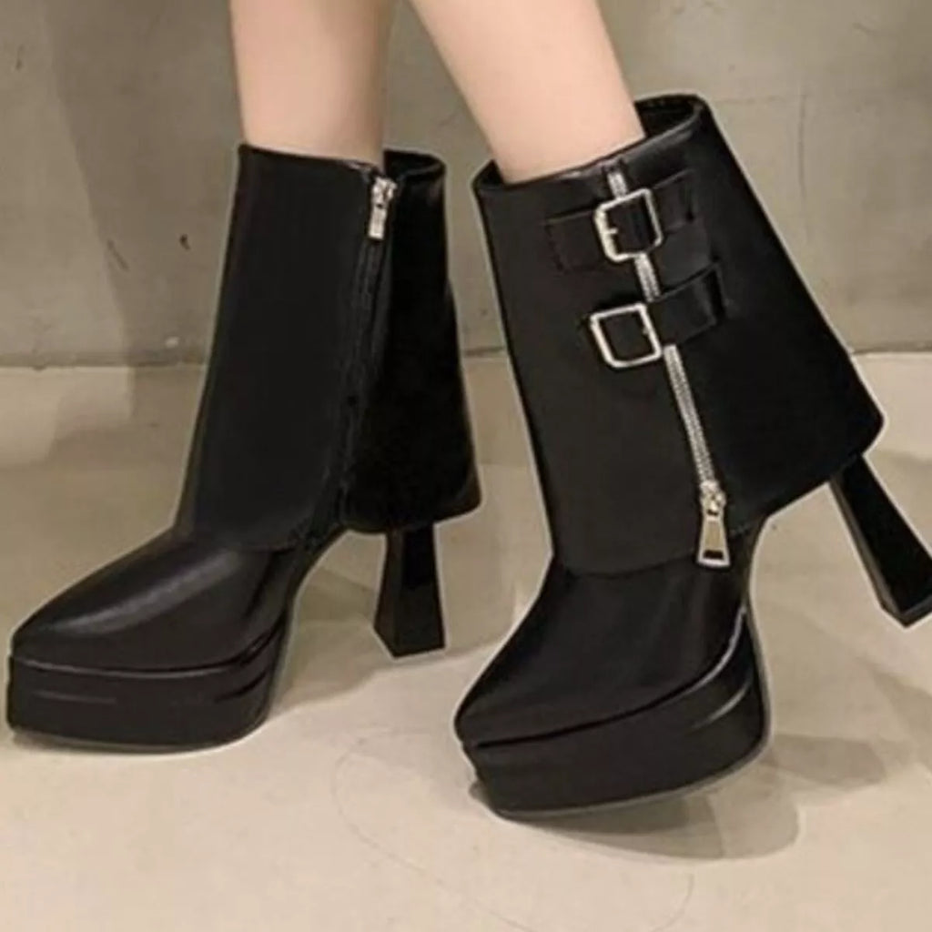 White Point Toe Platform Block Heel Ankle Boots