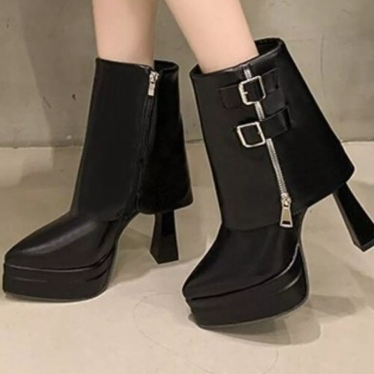 White Point Toe Platform Block Heel Ankle Boots