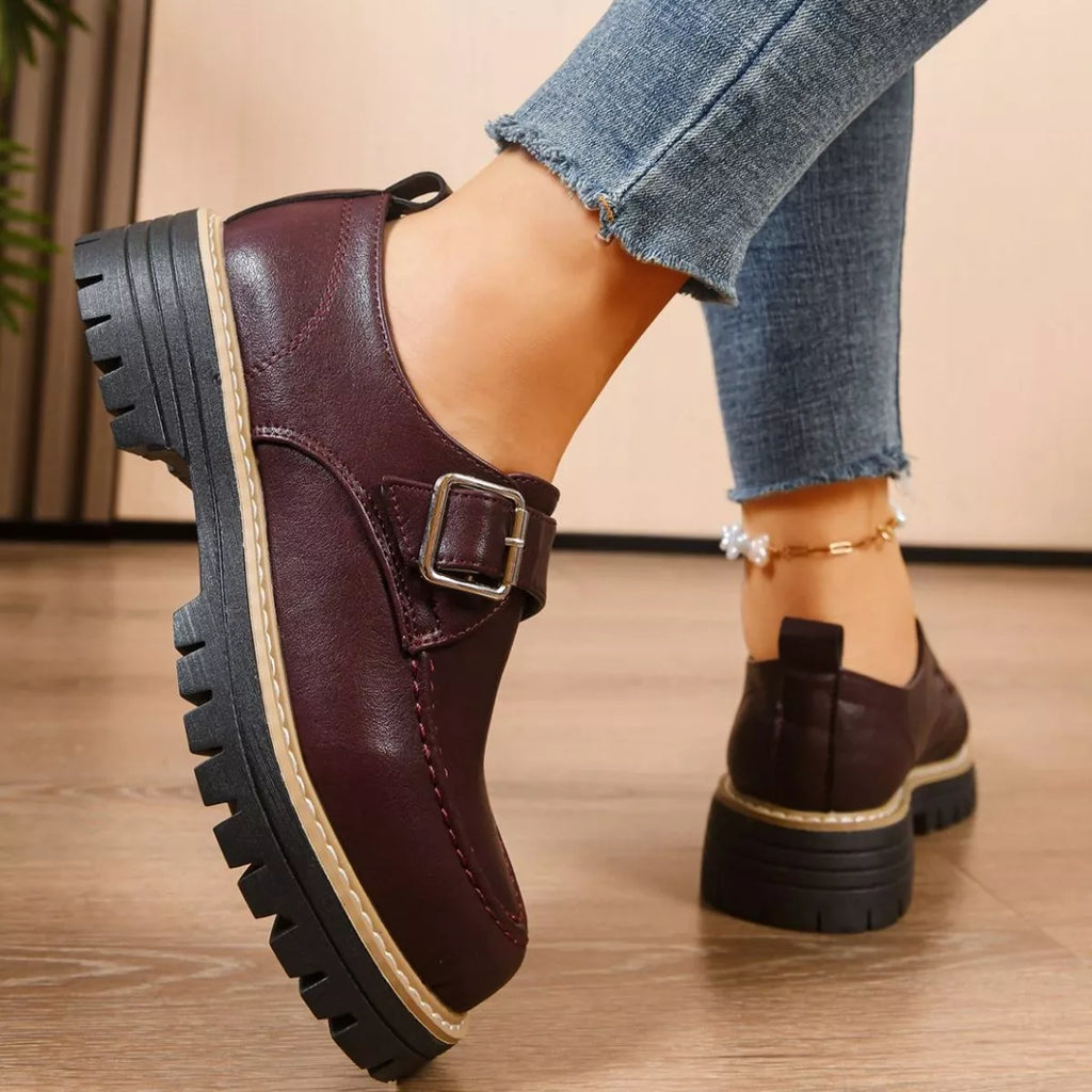 Women's Burgundy Round Toe Buckle Loafers Mid Heel Casual Shoes