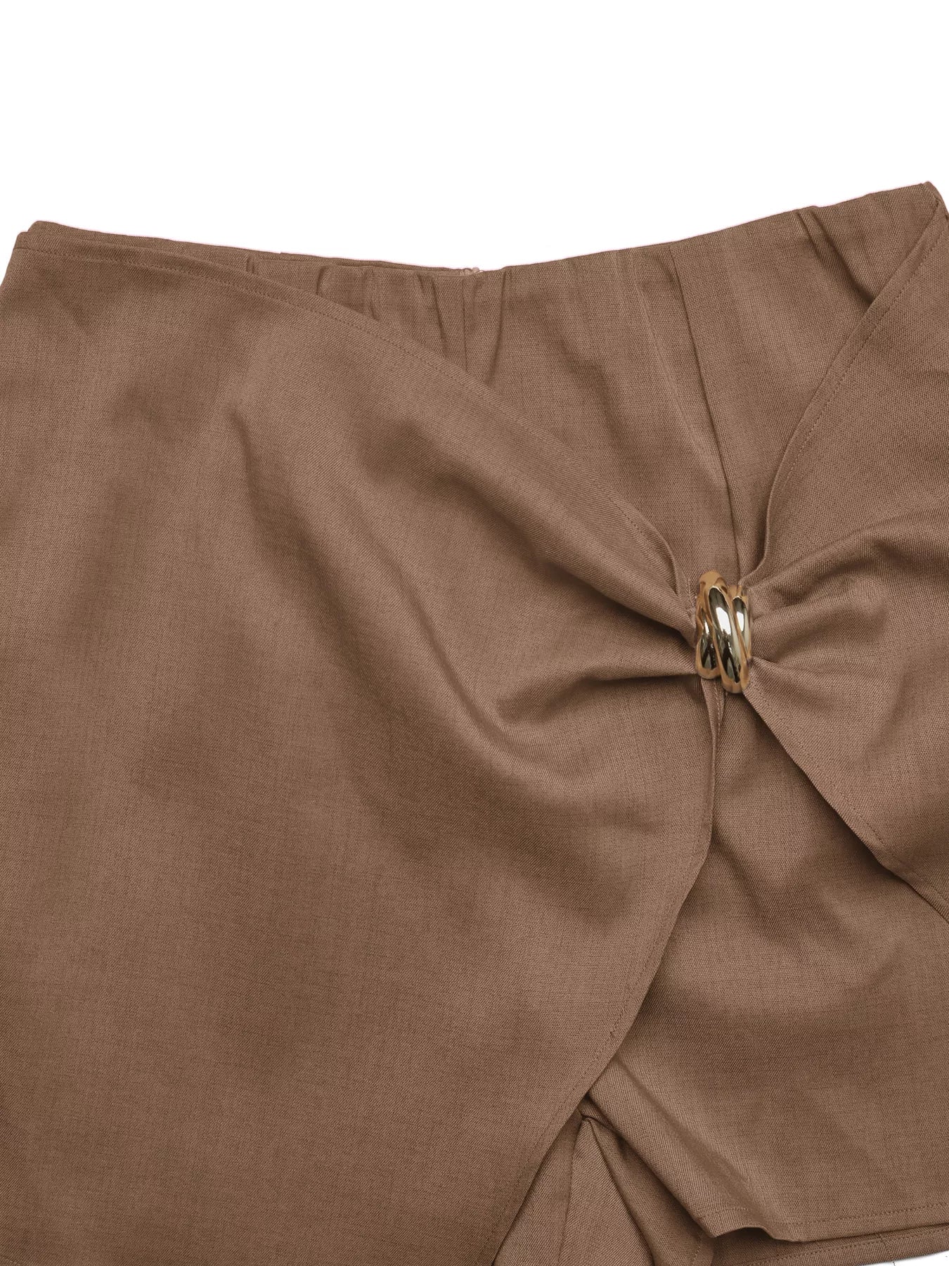 Brown Twist Front Mini Skort with Gold Tone Decorative Button