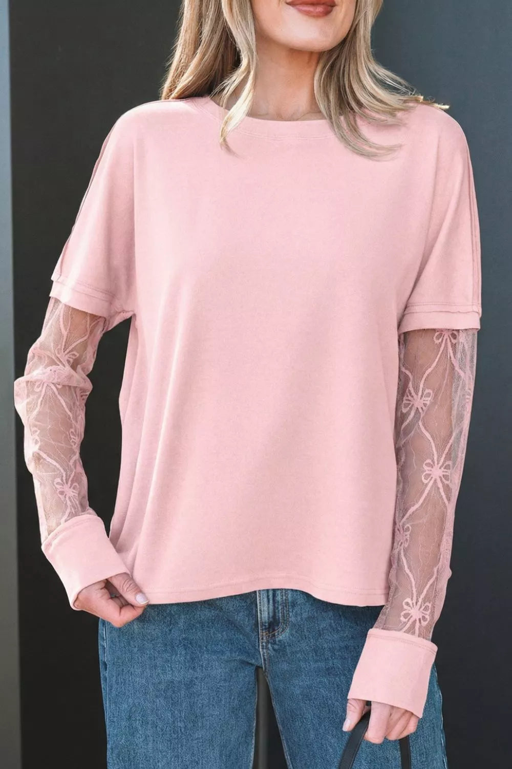 Pink Long Sleeve Tee with Sheer Lace Floral Patchwork Sleeves
