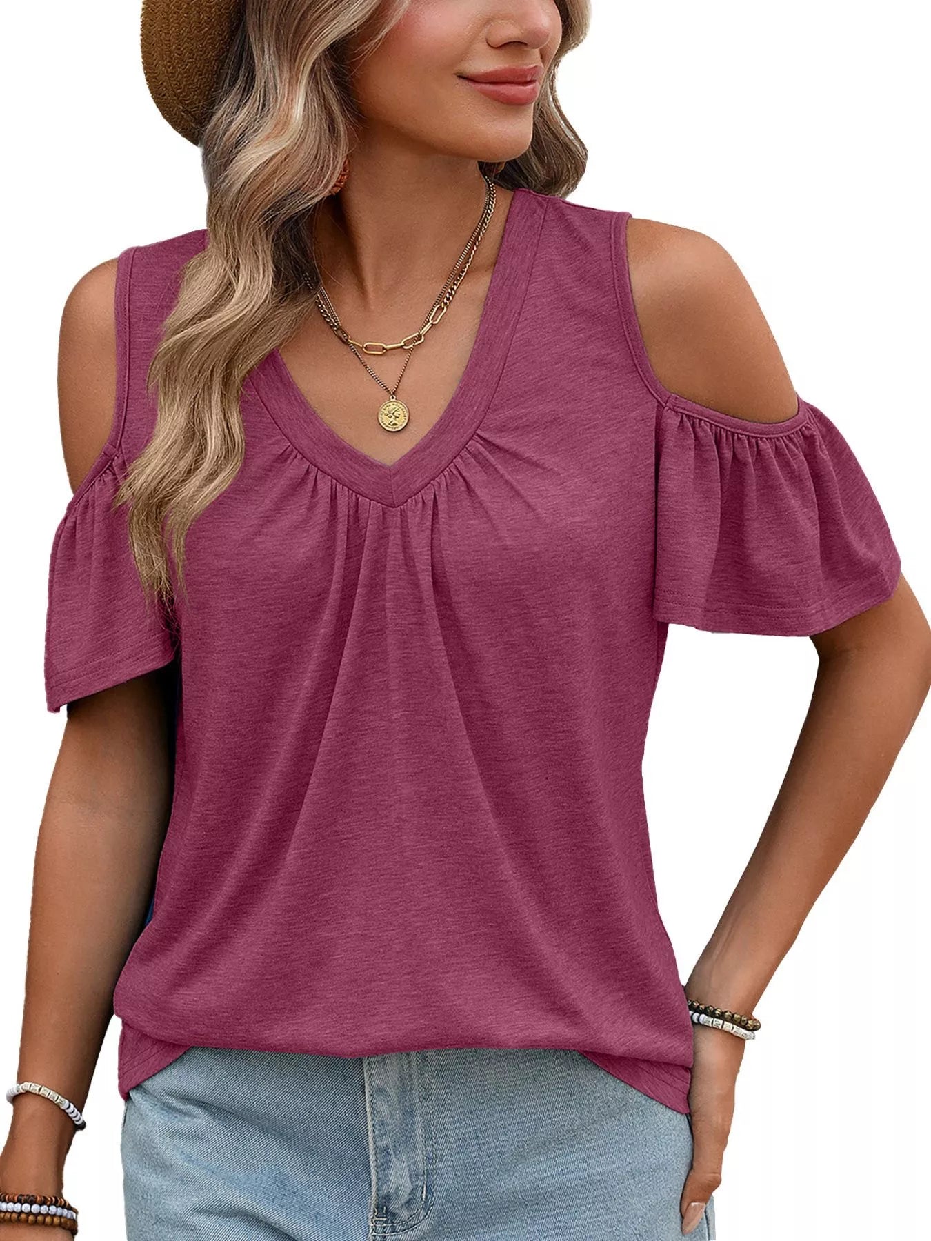 Cold Shoulder V-Neck T-Shirt